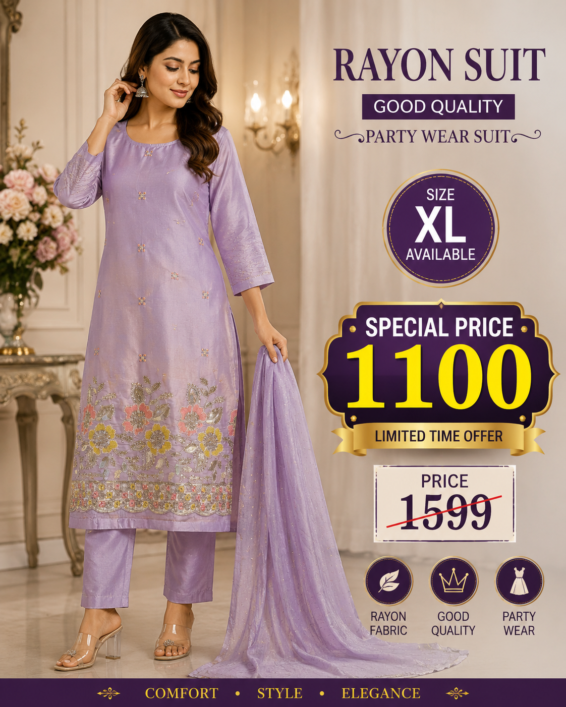 Lavender Floral Rayon Party Wear Suit with Dupatta