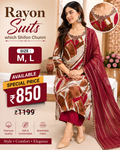Brown Printed Rayon Suit with Maroon Chiffon Chunni