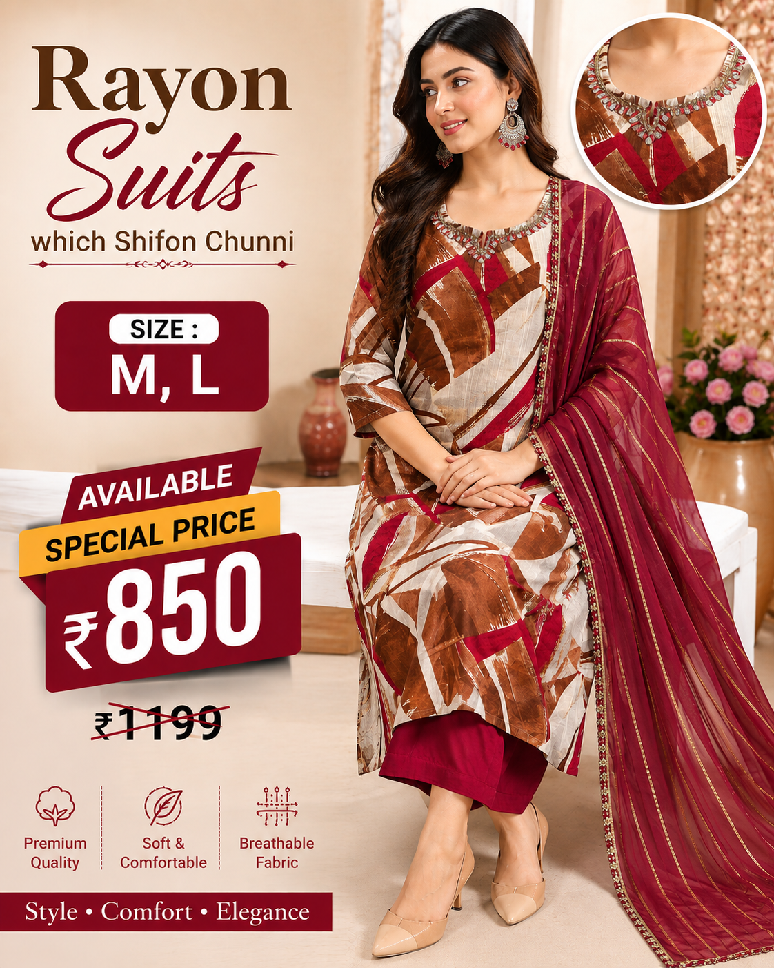 Brown Printed Rayon Suit with Maroon Chiffon Chunni