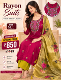 Pink Embroidered Rayon Suit with Floral Chiffon Chunni