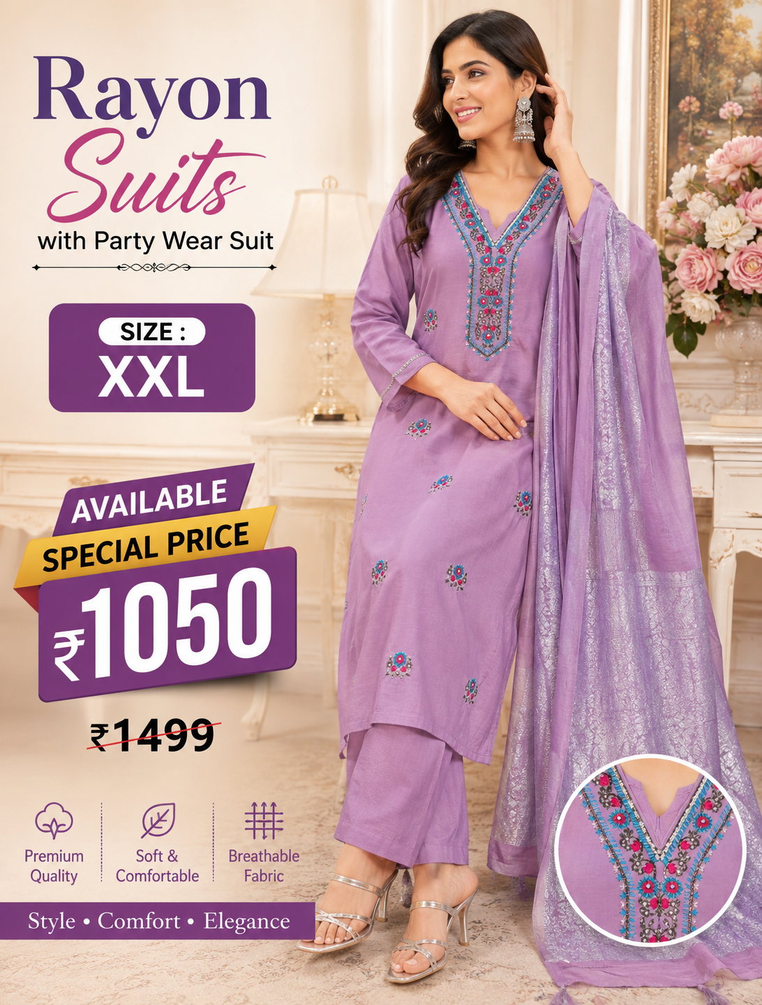Lavender Rayon Embroidered Party Wear Suit with Dupatta