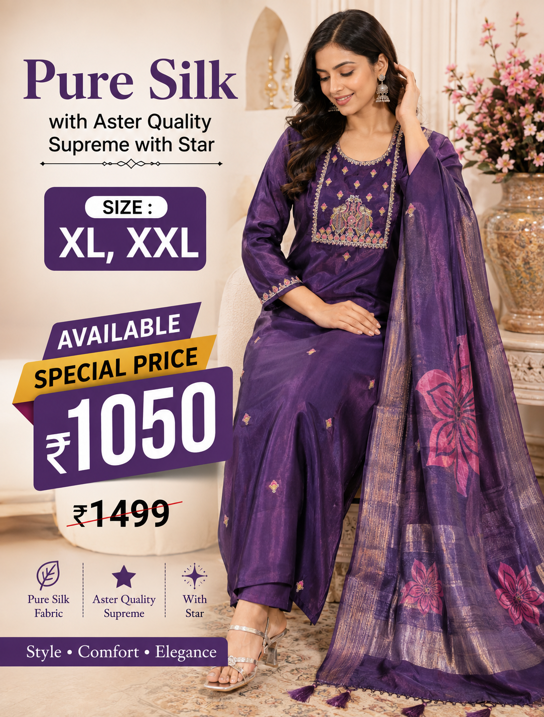 Purple Pure Silk Embroidered Suit with Printed Dupatta