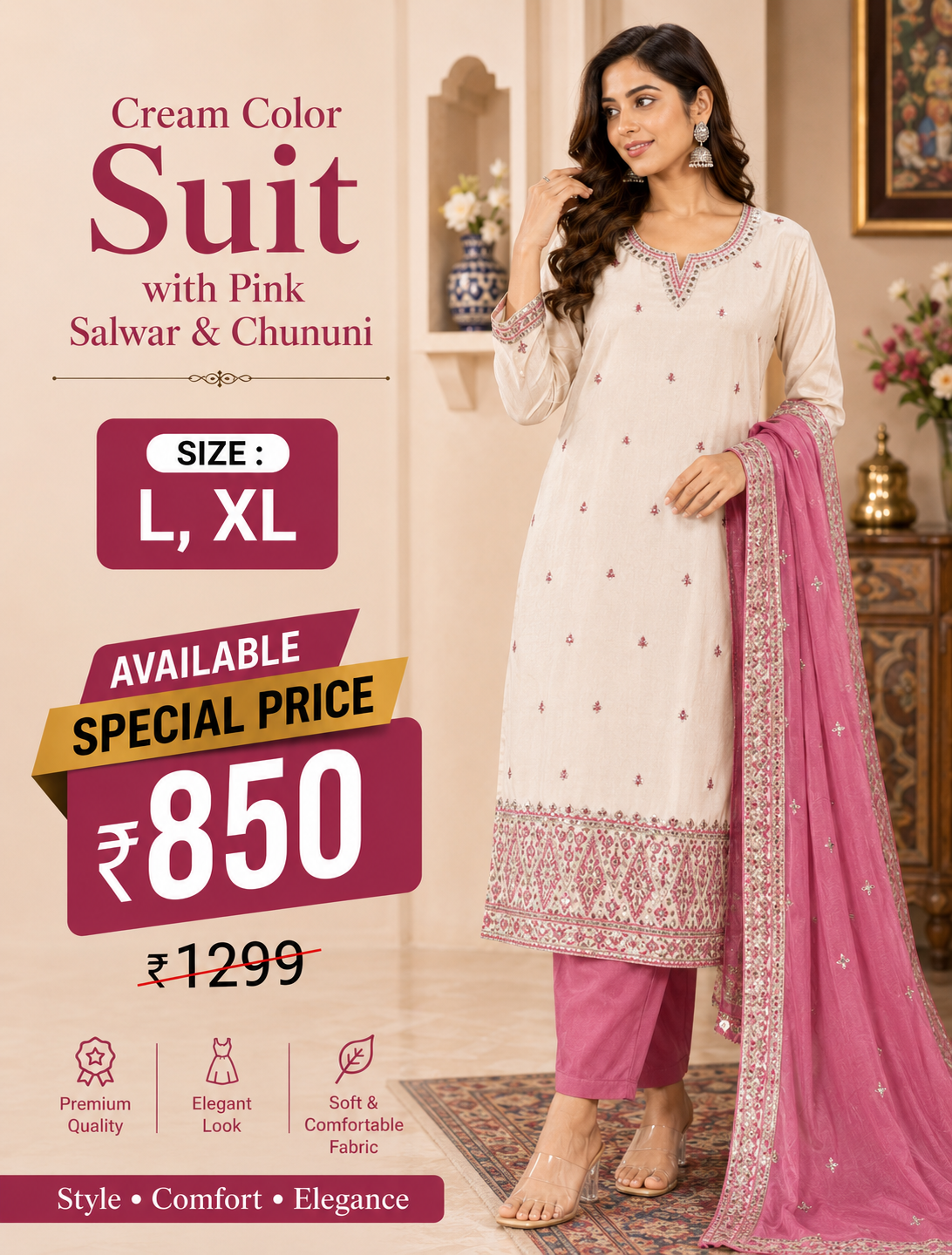 Cream Embroidered Suit with Pink Salwar & Chunni