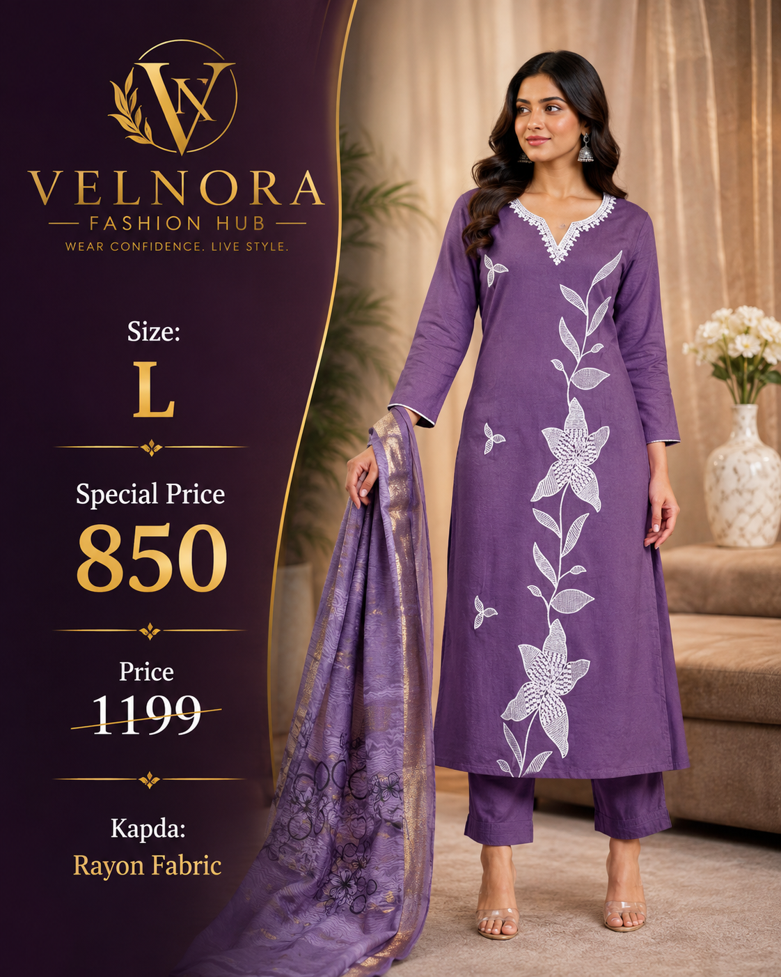 Purple Floral Rayon Kurta Set with Dupatta