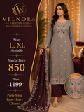 Grey Embroidered Party Wear Kurta Set with Heavy Chunni