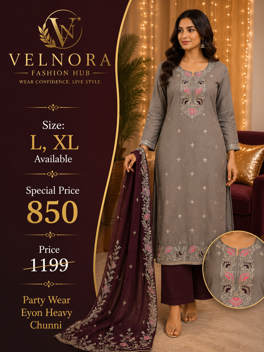 Grey Embroidered Party Wear Kurta Set with Heavy Chunni