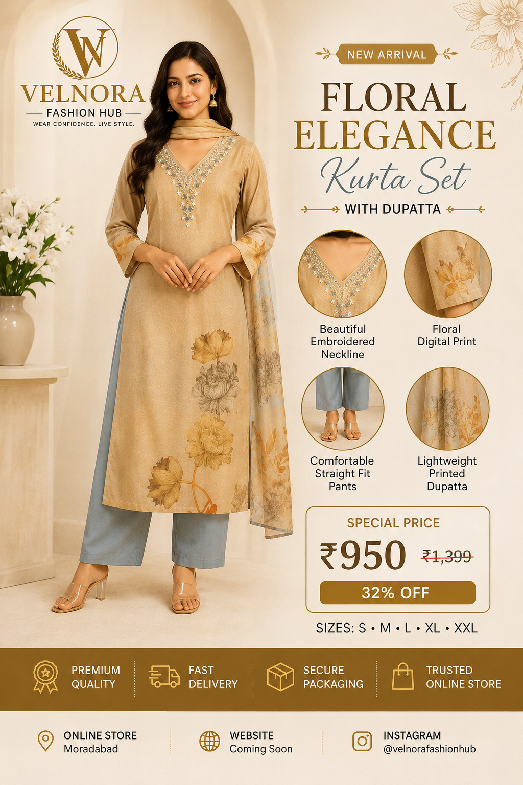 Beige Floral Printed Kurta Set with Dupatta