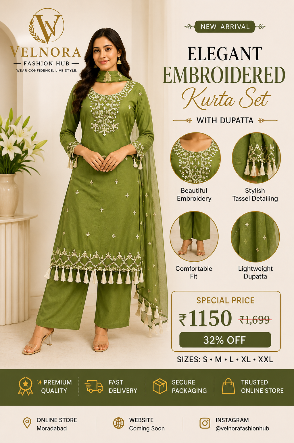 Olive Green Embroidered Kurta Set with Dupatta